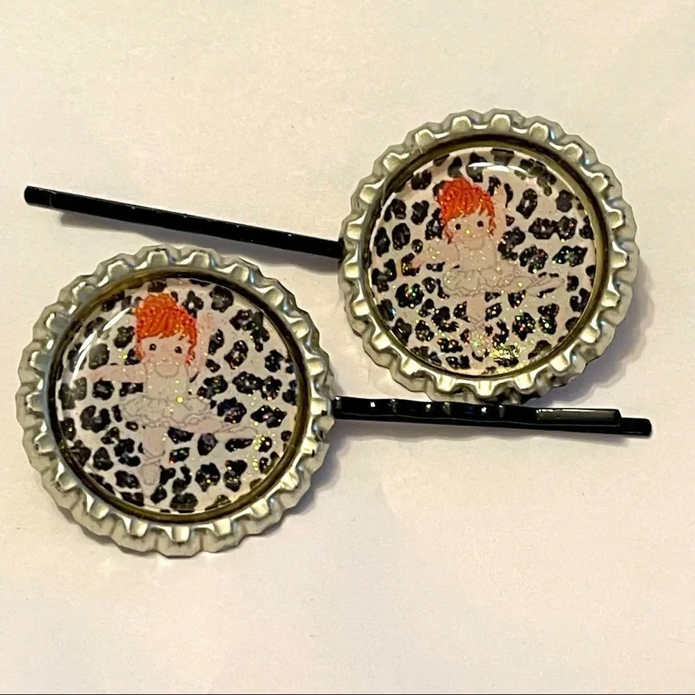 NEW bottle cap Bobbie pin pair red head ballerina ballet leopard print